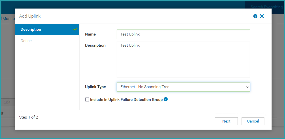 Screenshot of Add Uplink in OME-M. Name is Test Uplink. Description is Test Uplink. Uplink Type is set to Ethernet – No Spanning Tree. Include in Uplink Failure Detection Group is not selected. 