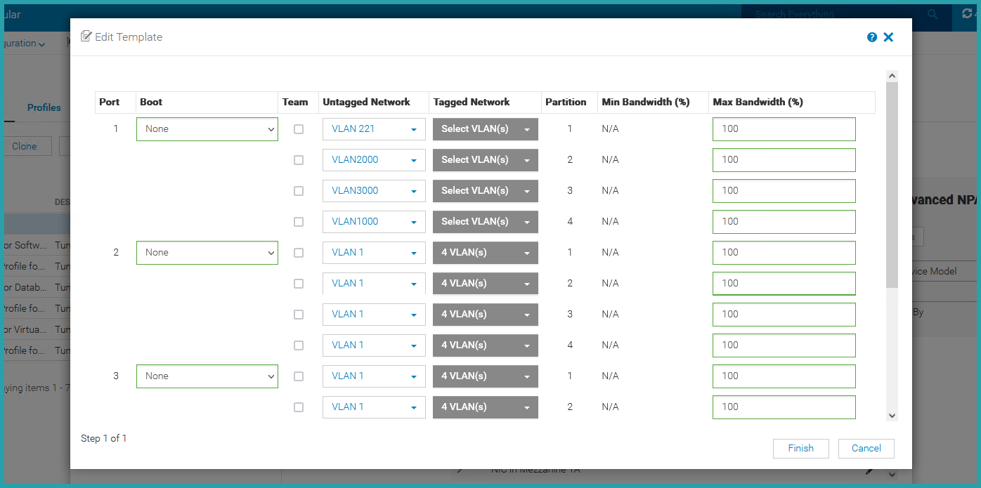 A screenshot of the Edit Template menu settings for assigning VLANS as tagged or untagged. Port 1, Boot None, Untagged Network VLAN 221, Partition 1, Min Bandwidth (%) N/A, Max Bandwidth (%) 100. Port 1, Boot None, Untagged Network VLAN2000, Partition 2, Min Bandwidth (%) N/A, Max Bandwidth (%) 100. Port 1, Boot None, Untagged Network VLAN3000, Partition 3, Min Bandwidth (%) N/A, Max Bandwidth (%) 100. Port 1, Boot None, Untagged Network VLAN1000, Partition 4, Min Bandwidth (%) N/A, Max Bandwidth (%) 100. Port 2, Boot None, Untagged Network VLAN 1, Tagged Network 4 VLANS(s), Partition 1, Min Bandwidth (%) N/A, Max Bandwidth (%) 100. Port 2, Boot None, Untagged Network VLAN 1, Tagged Network 4 VLANS(s), Partition 2, Min Bandwidth (%) N/A, Max Bandwidth (%) 100. Port 2, Boot None, Untagged Network VLAN 1, Tagged Network 4 VLANS(s), Partition 3, Min Bandwidth (%) N/A, Max Bandwidth (%) 100. Port 2, Boot None, Untagged Network VLAN 1, Tagged Network 4 VLANS(s), Partition 4, Min Bandwidth (%) N/A, Max Bandwidth (%) 100. Port 3, Boot None, Untagged Network VLAN 1, Tagged Network 4 VLANS(s), Partition 1, Min Bandwidth (%) N/A, Max Bandwidth (%) 100. Port 3, Boot None, Untagged Network VLAN 1, Tagged Network 4 VLANS(s), Partition 2, Min Bandwidth (%) N/A, Max Bandwidth (%) 100.