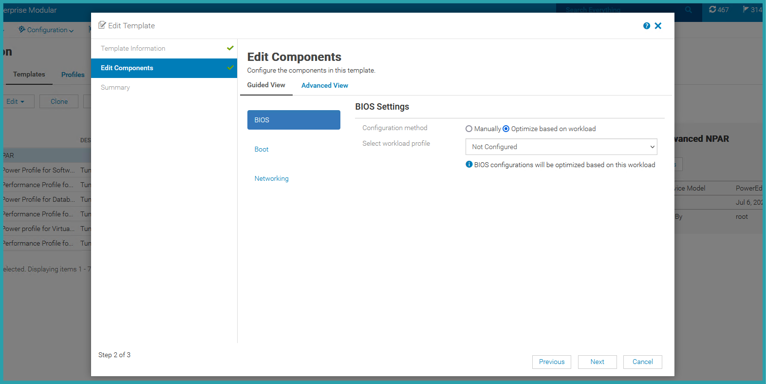 A screenshot of the Edit Components screen in the Edit Template menu of OME-M, Advanced View, BIOS Settings. Configuration method is set to Optimize based on workload and Select workload profile is set to Not Configured. 