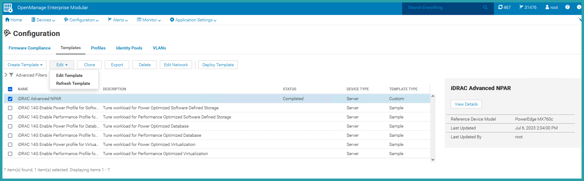 A screenshot of the OME-M Configuration settings. In the Templates section, iDRAC Advanced NPAR is selected, the status is Completed, the Device Type is Server, and the Template Type is Custom. 