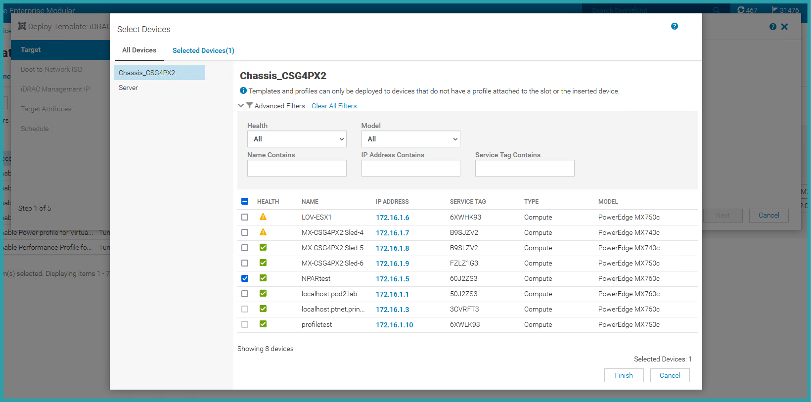Screenshot of the Select Devices settings. Chassis_CSG4PX2 is selected. Health is set to All. Model is set to All. Name contains, IP Address Contains, and Sever Tag Contains are left blank. 8 devices are listed but only the device named NPARtest is selected. NPARtest IP address 172.16.1.5, Service Tag 60J2ZS3, Type Compute, Model PowerEdge MX760c. 