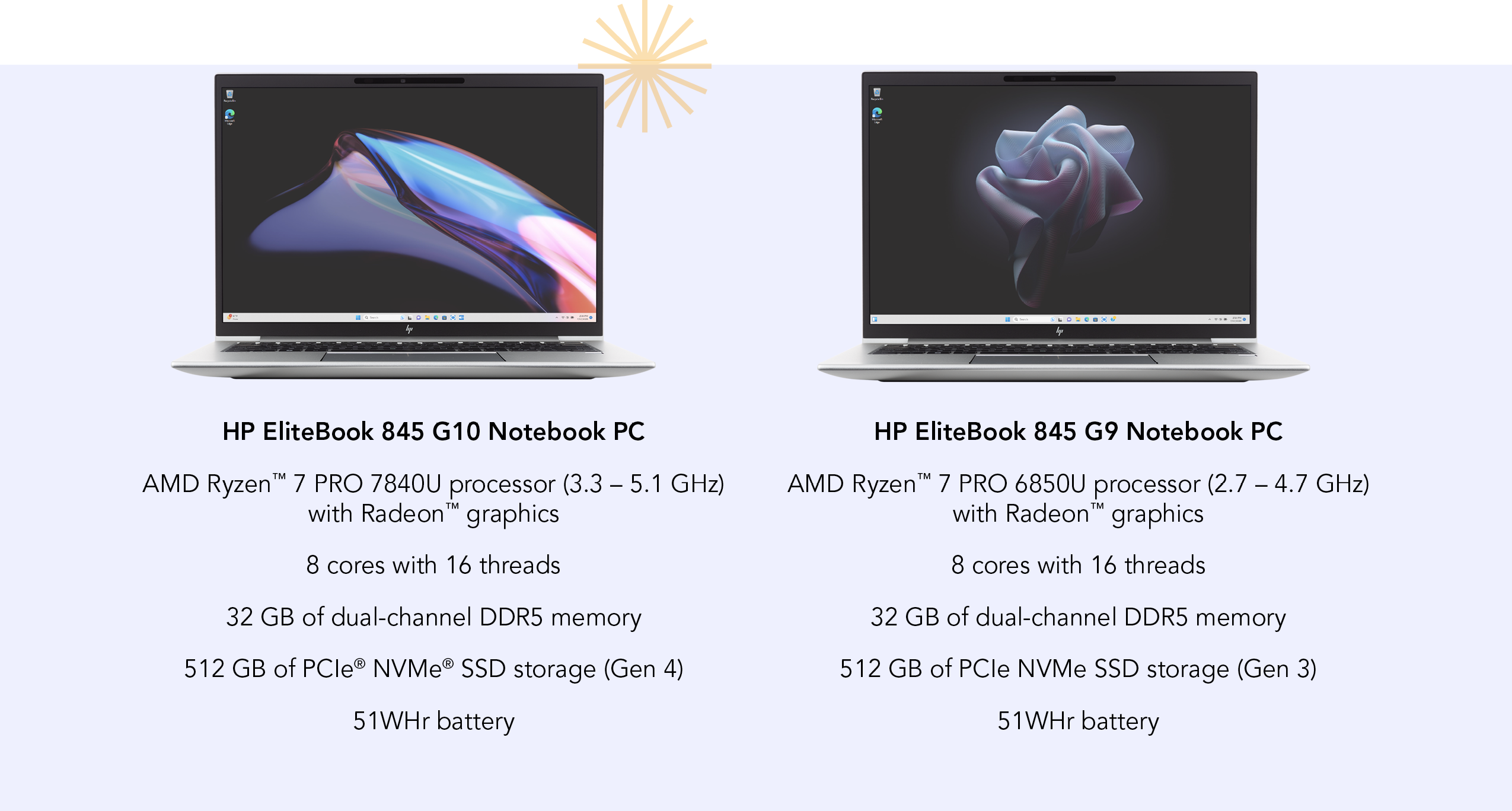 Comparison of key system configuration specifications. HP EliteBook 845 G10 Notebook PC Speficiations; AMD Ryzen™ 7 PRO 7840U processor (3.3 – 5.1 GHz) with AMD Radeon™ graphics, 8 cores with 16 threads, 32 GB of dual-channel DDR5 memory,512 GB of PCIe® NVMe® SSD storage, 51WHr battery.  HP EliteBook 845 G9 Notebook PC Speficiations: AMD Ryzen™ 7 PRO 6850U processor (2.7 – 4.7 GHz) with Radeon™ graphics; 8 cores with 16 threads; 32 GB of dual-channel DDR5 memory; 512 GB of PCIe NVMe SSD storage (Gen 3); 51WHr battery