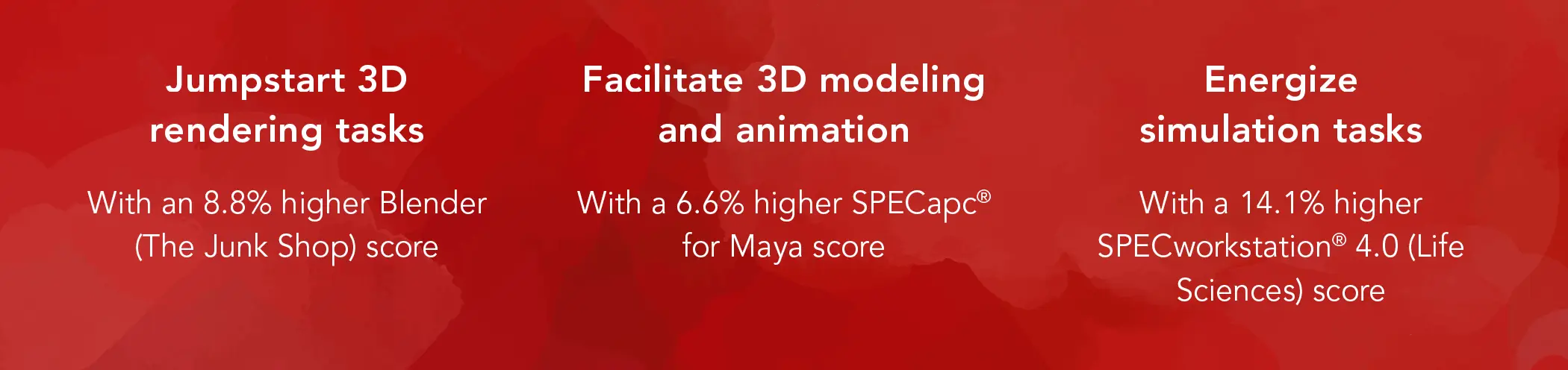 Jumpstart 3D rendering tasks. With an 8.8 percent higher Blender (The Junk Shop) score. Facilitate 3D modeling and animation. With a 6.6 percent higher SPECapc for Maya score. Energize simulation tasks. With a 14.1 percent higher SPECworkstation 4.0 (Life Sciences) score.