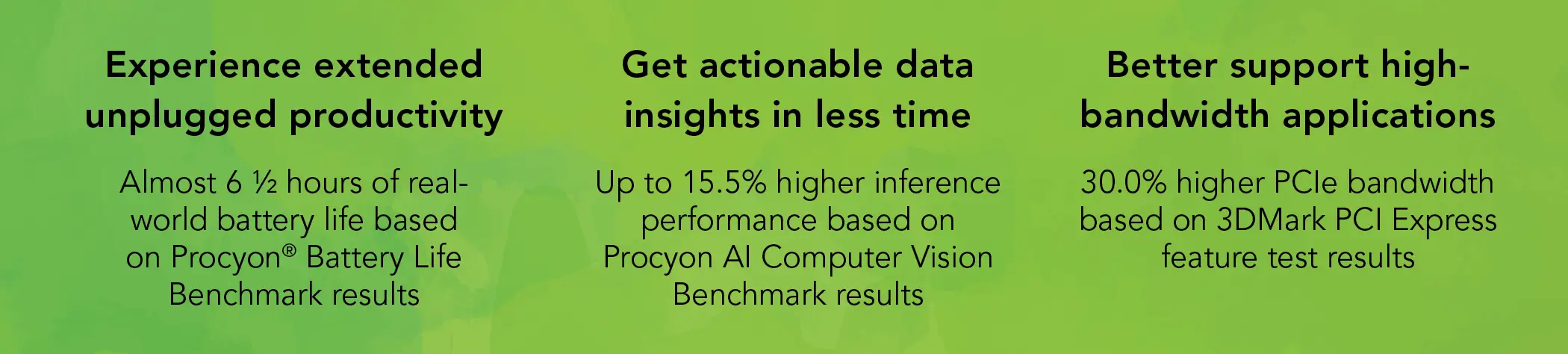 Experience extended unplugged productivity. Almost 6 ½ hours of real-world battery life based on Procyon Battery Life Benchmark results. Get actionable data insights in less time. Up to 15.5 percent higher inference performance based on Procyon AI computer Vision Benchmark results. Better support high-bandwidth applications. 30 percent higher PCIe bandwidth based on 3DMark PCI Express feature test results.