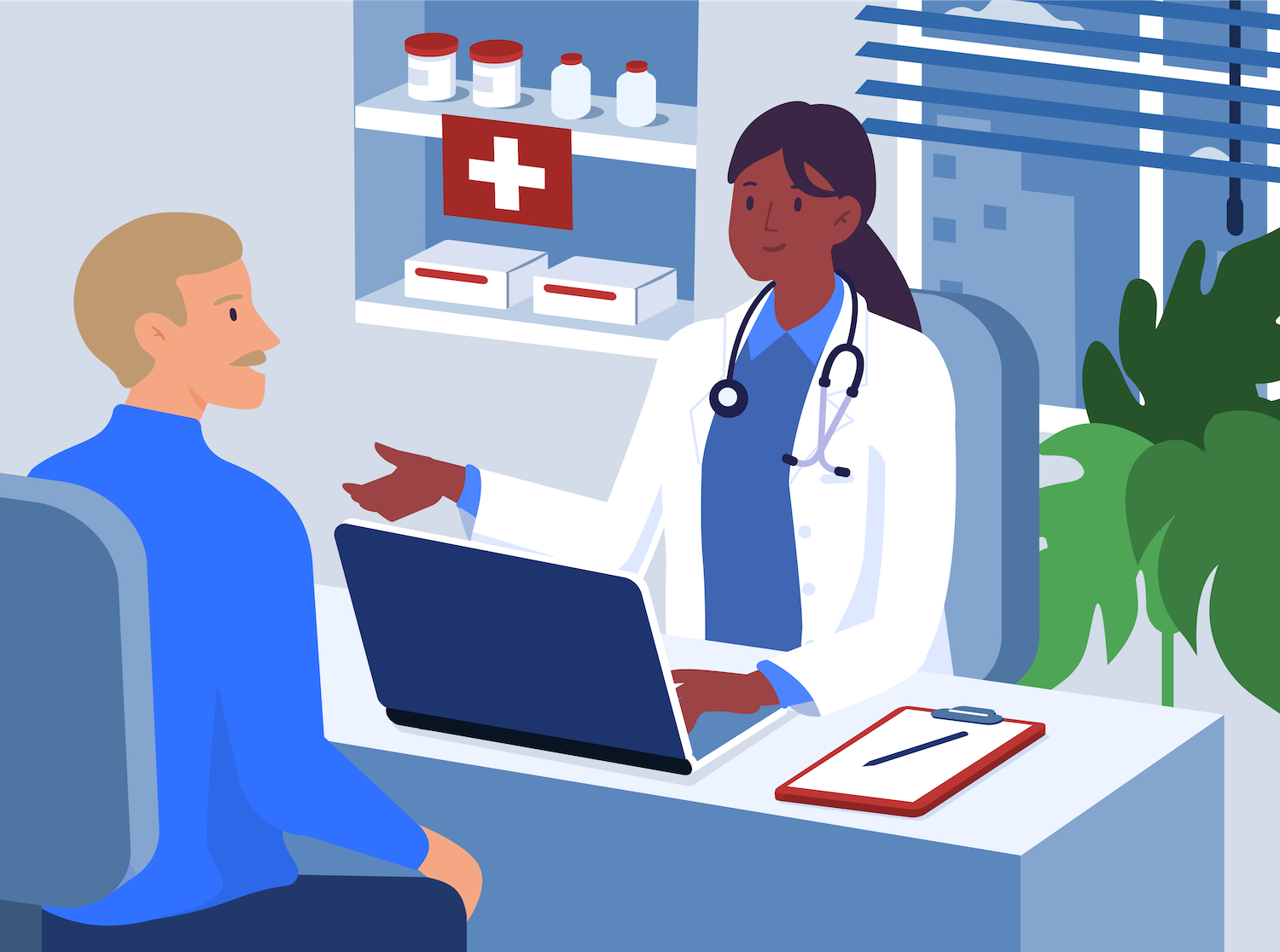 profesional de la salud hablando con un paciente en una oficina
