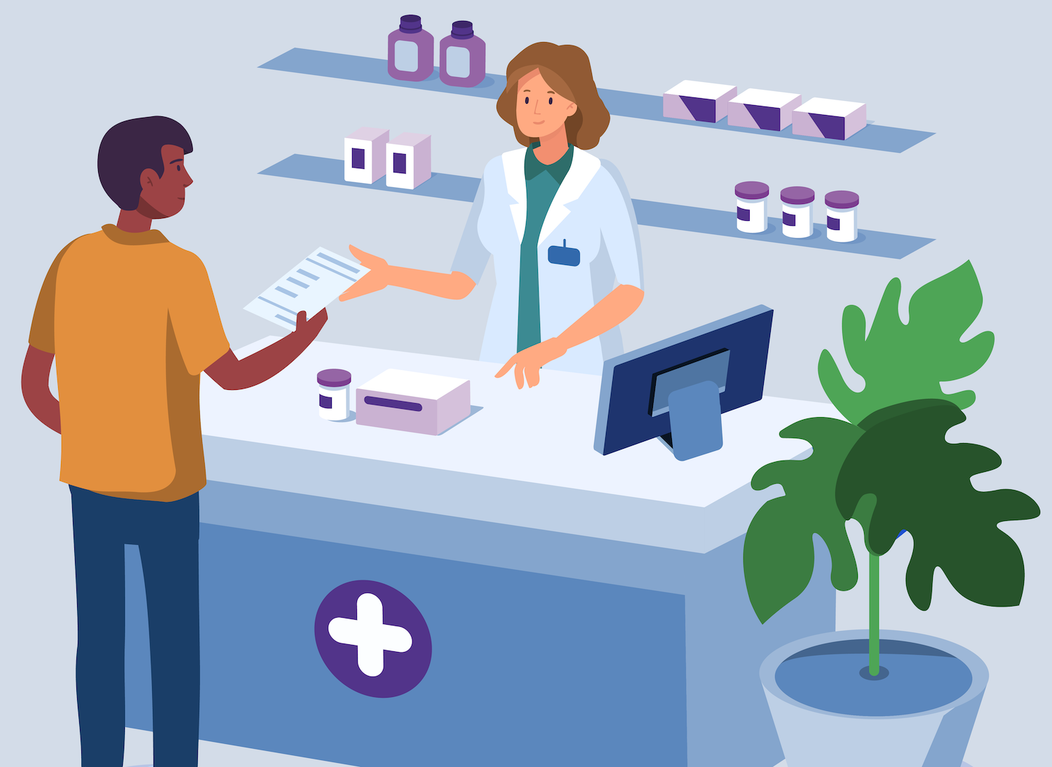 Patient at a pharmacy picking up a prescription from a pharmacist behind a counter