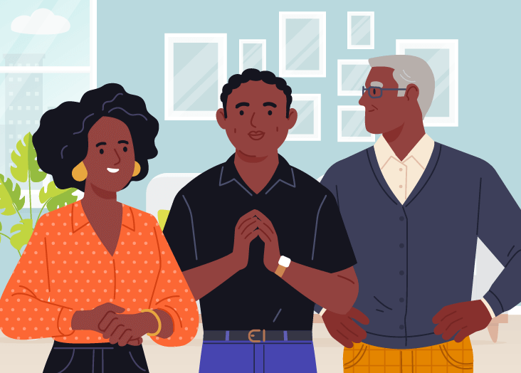 Jamir avatar con su madre y su padre de pie en la sala de estar familiar