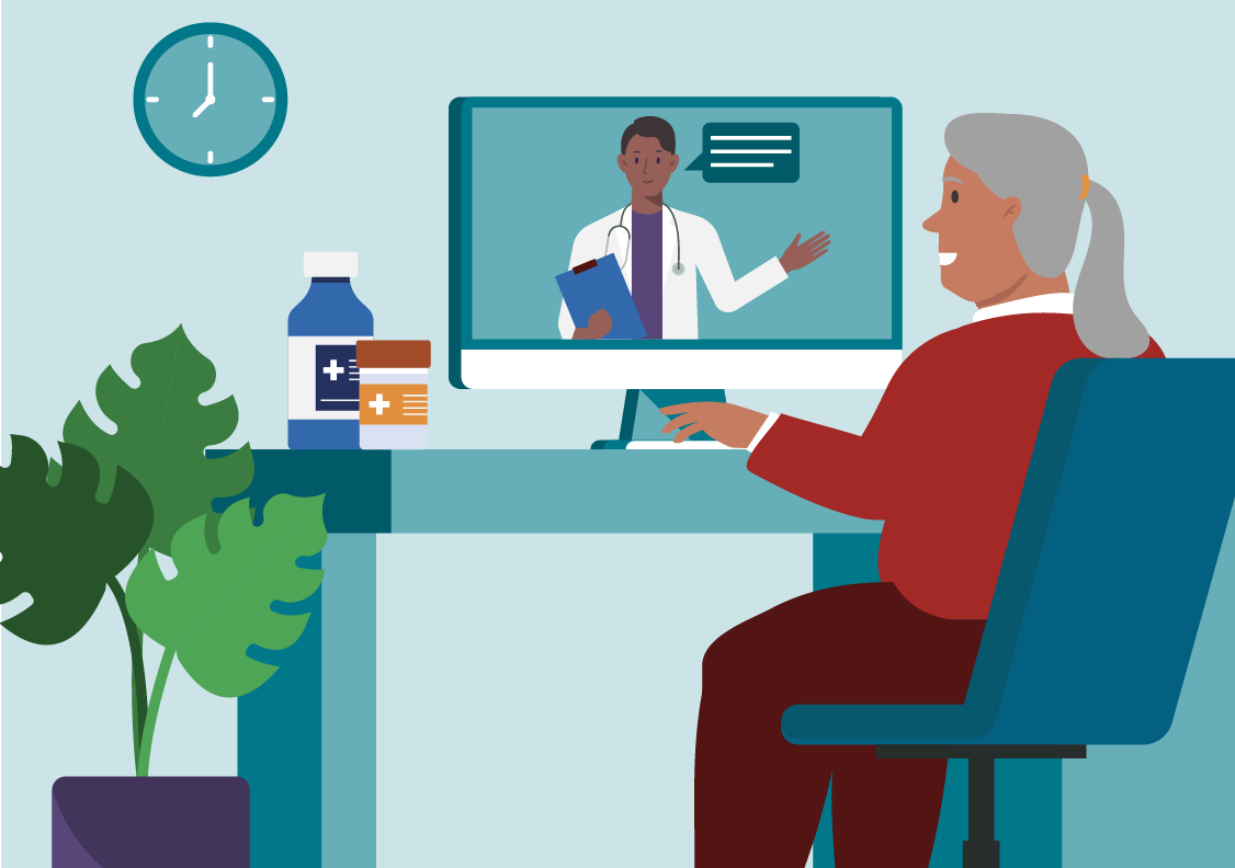 patient having a telehealth appointment with a doctor from a desk at home
