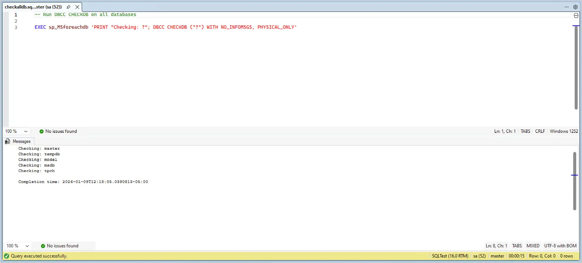 Post-migration DBCC CHECKALLDB, confirming the SQL Server database passed integrity verification after migration.