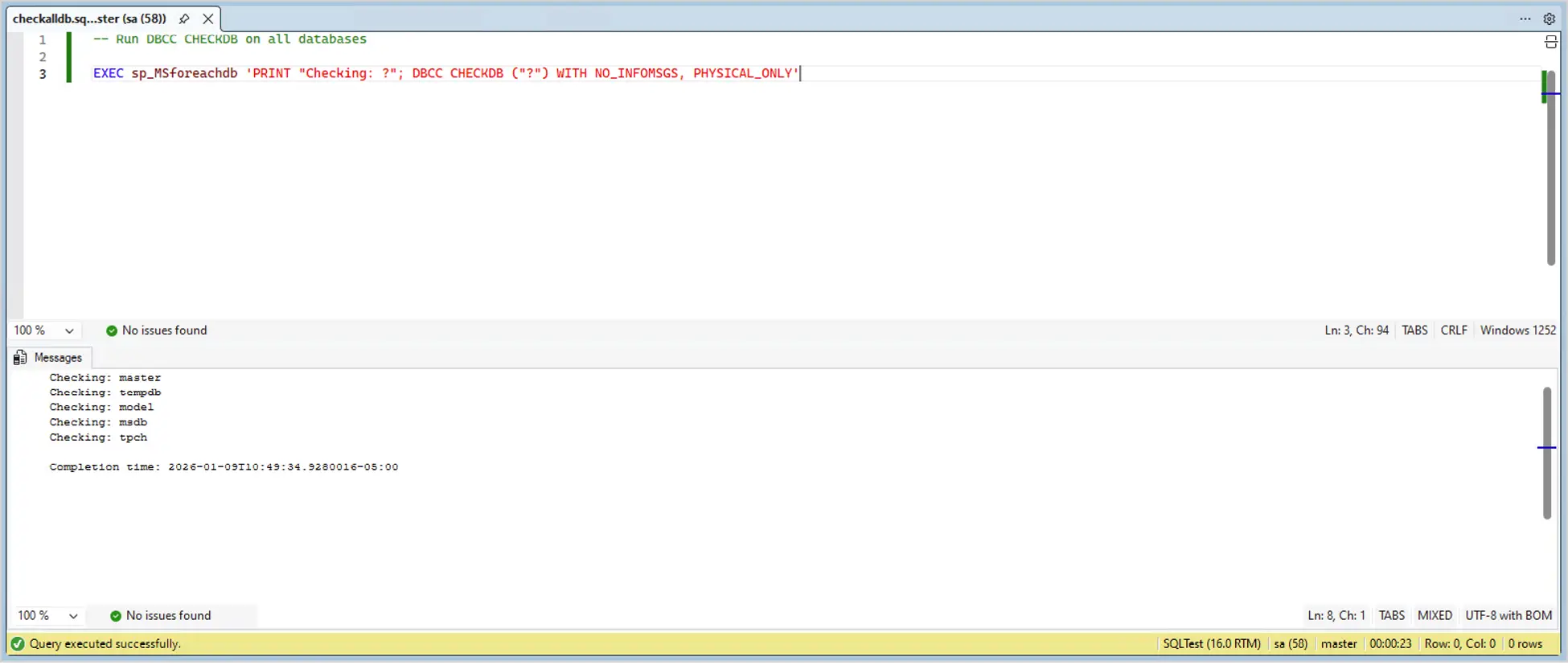 A successful pre-migration DBCC CHECKALLDB integrity check.