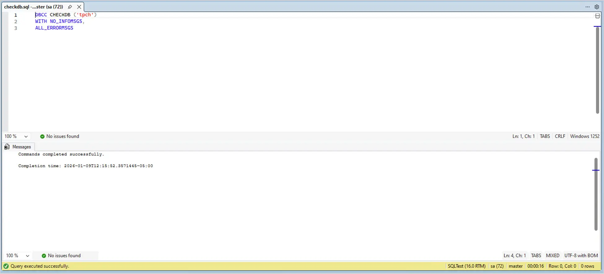 Post-migration DBCC CHECKDB result for the SQL Server VM, showing database integrity verification passed.