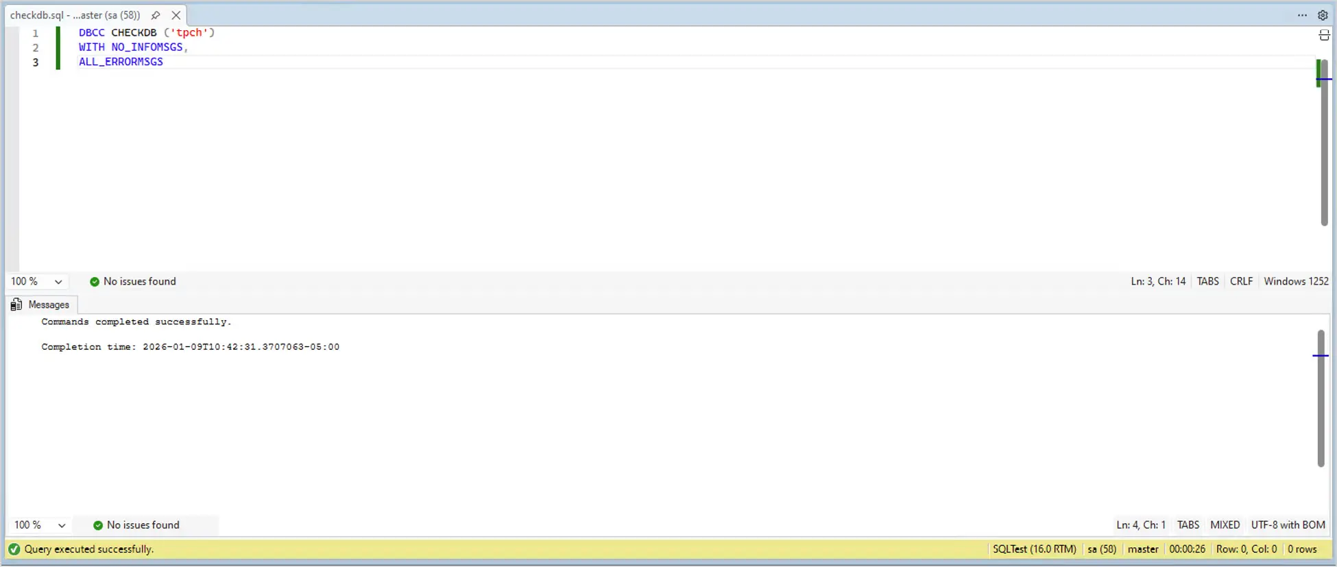 A successful pre-migration DBCC CHECKDB result for the SQL Server VM.