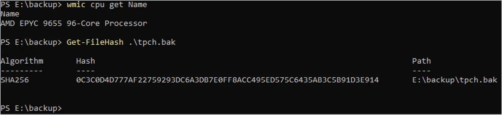 Post-migration SQL Server file hash output in PowerShell, showing the database backup file checksum matched the pre-migration hash.