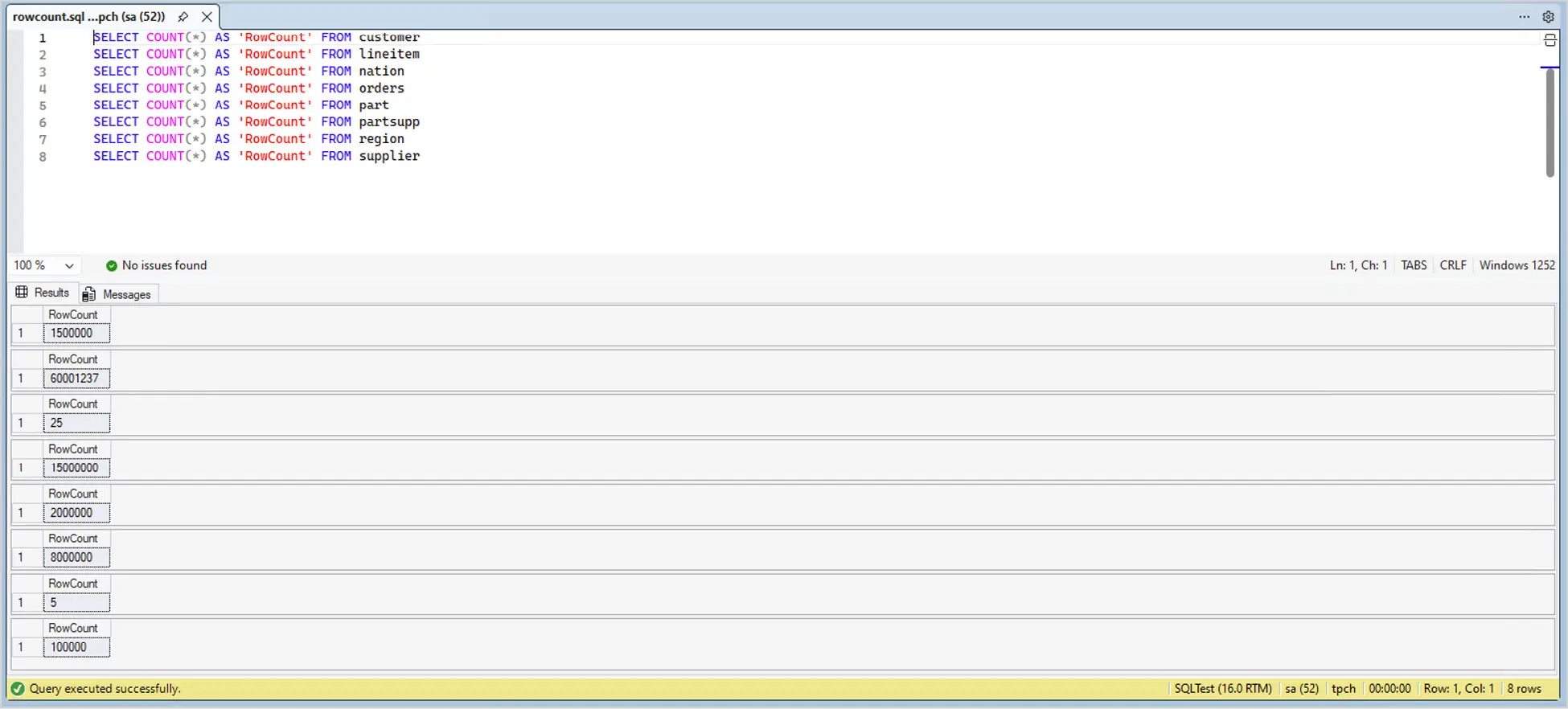 Post-migration SQL database row count output, showing table row counts matched the pre-migration values.