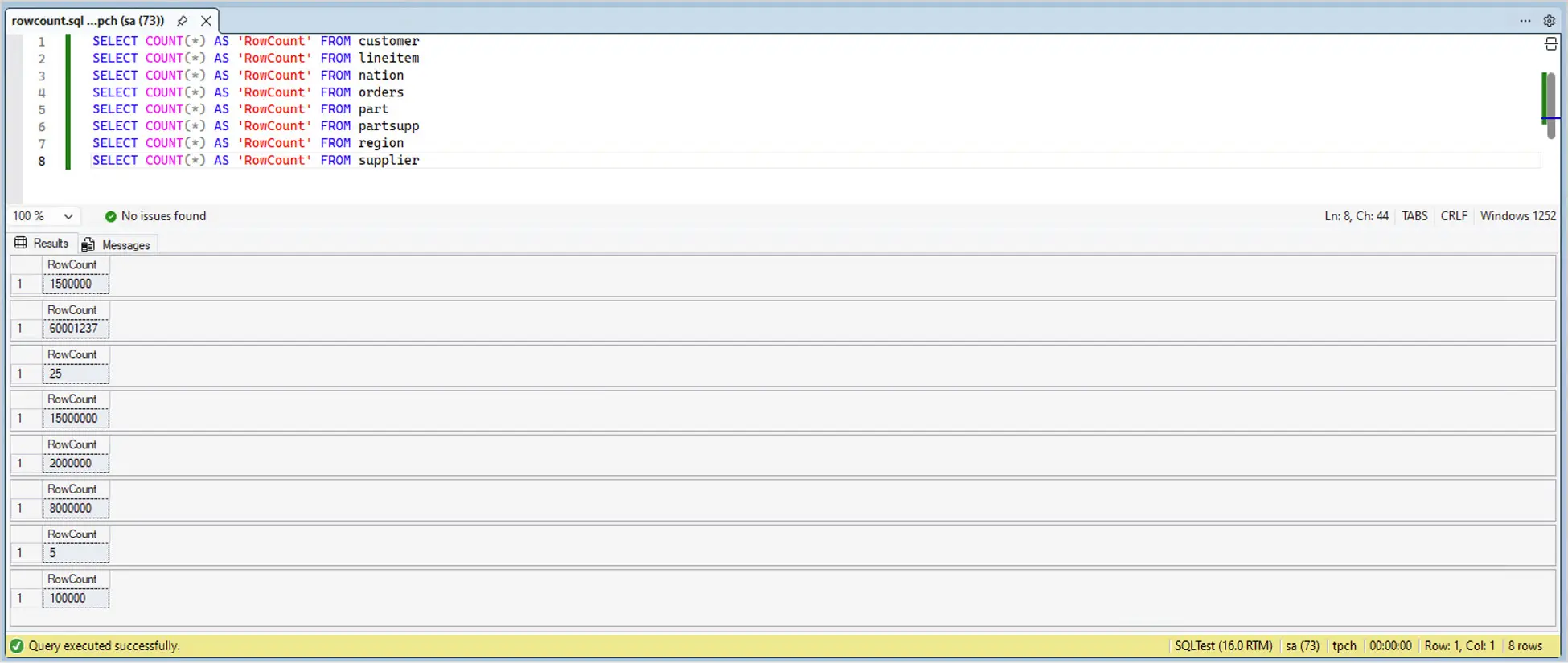 Pre-migration SQL database row count output, showing table row counts used for validation prior to migration.