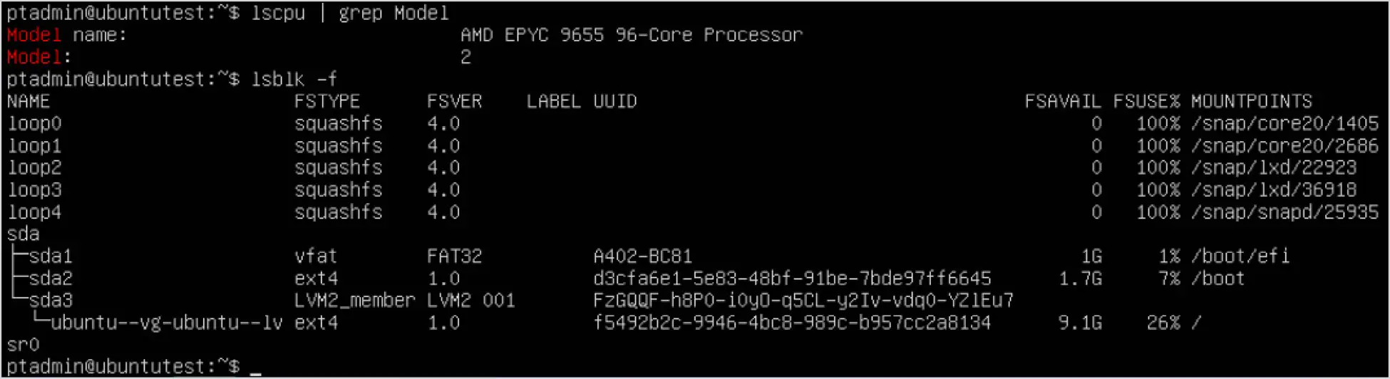 Post-migration UUID check output for the Ubuntu VM, showing the same UUID from the pre-migration migration.