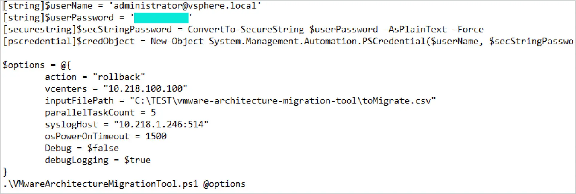 The rollback PowerShell script used in testing, showing commands and options to initiate a VAMT rollback.