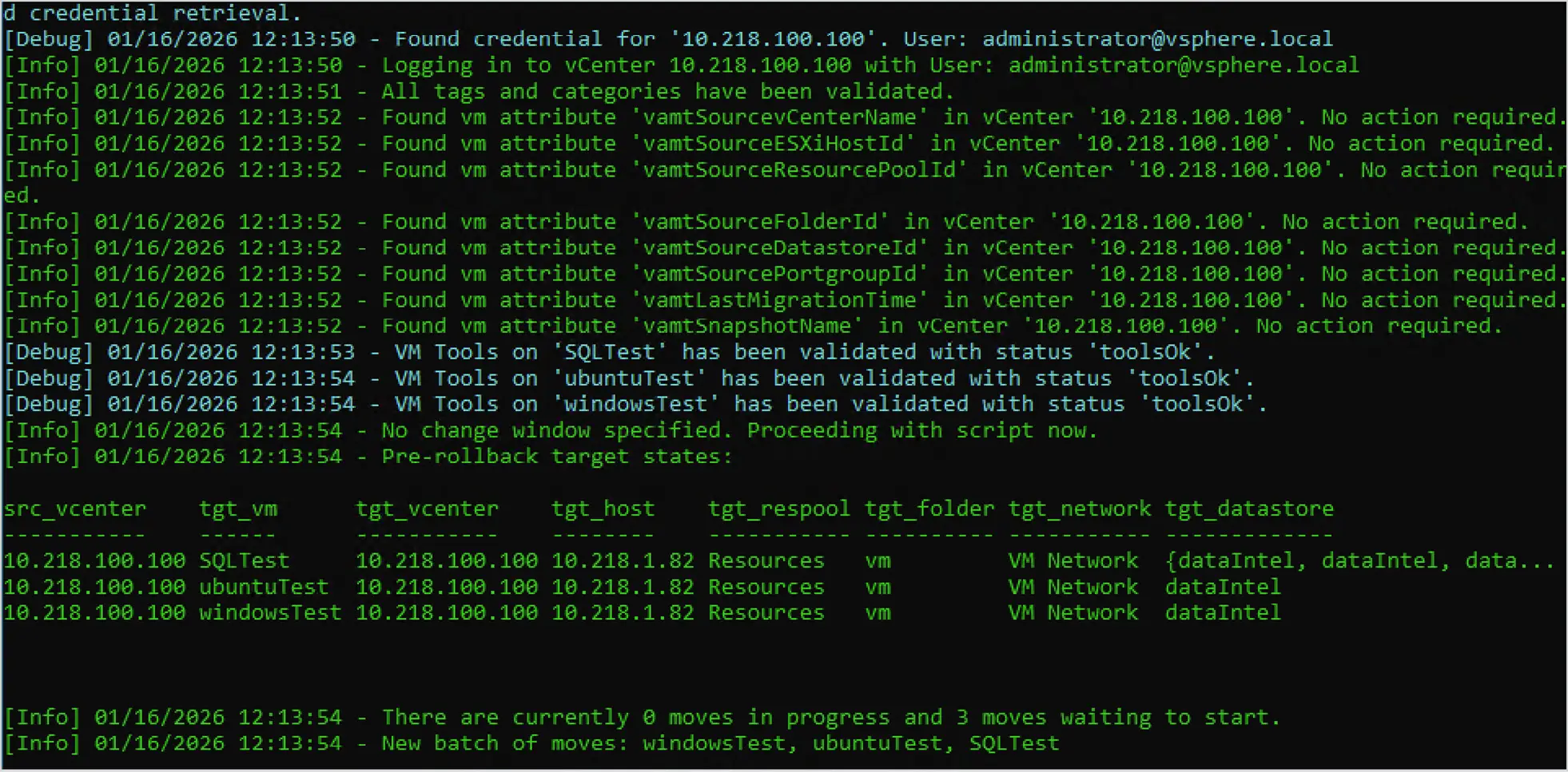 The PowerShell UI showing the initiation of a rollback operation, with progress messages visible.