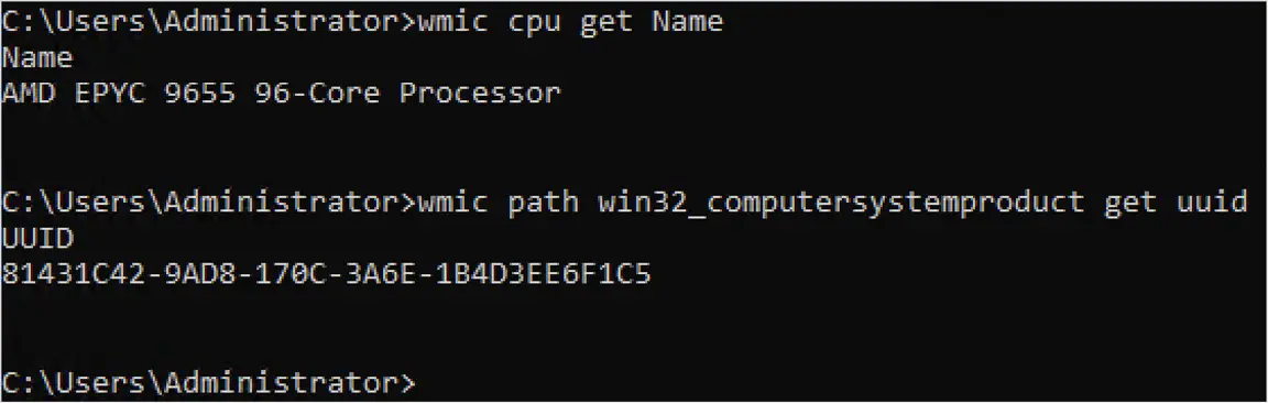 Post-migration UUID check output for the Windows VM, showing the same UUID from the pre-migration check.