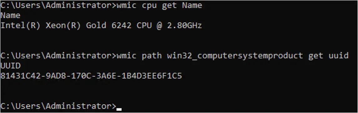 Pre-migration UUID check output for the Windows VM.