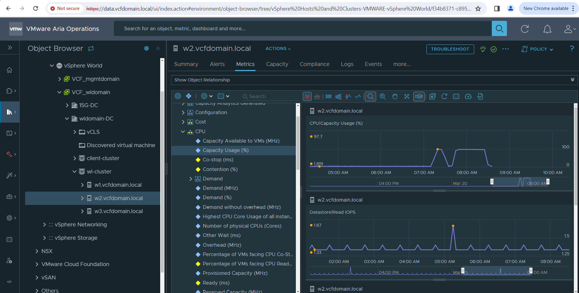 Screenshot of the Aria Operations performance metrics for one of the nodes in the workload domain.