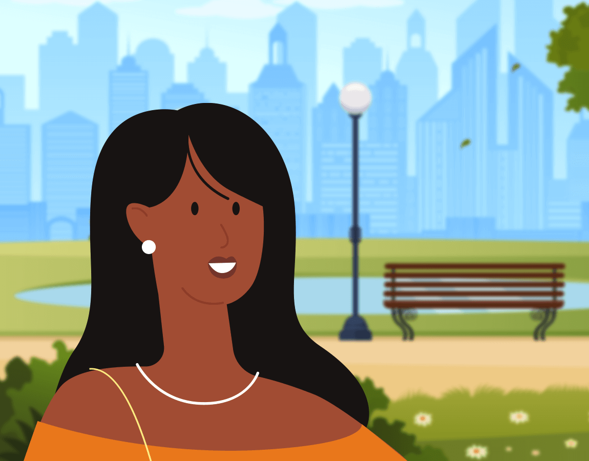 female avatar smiling with scenic park background