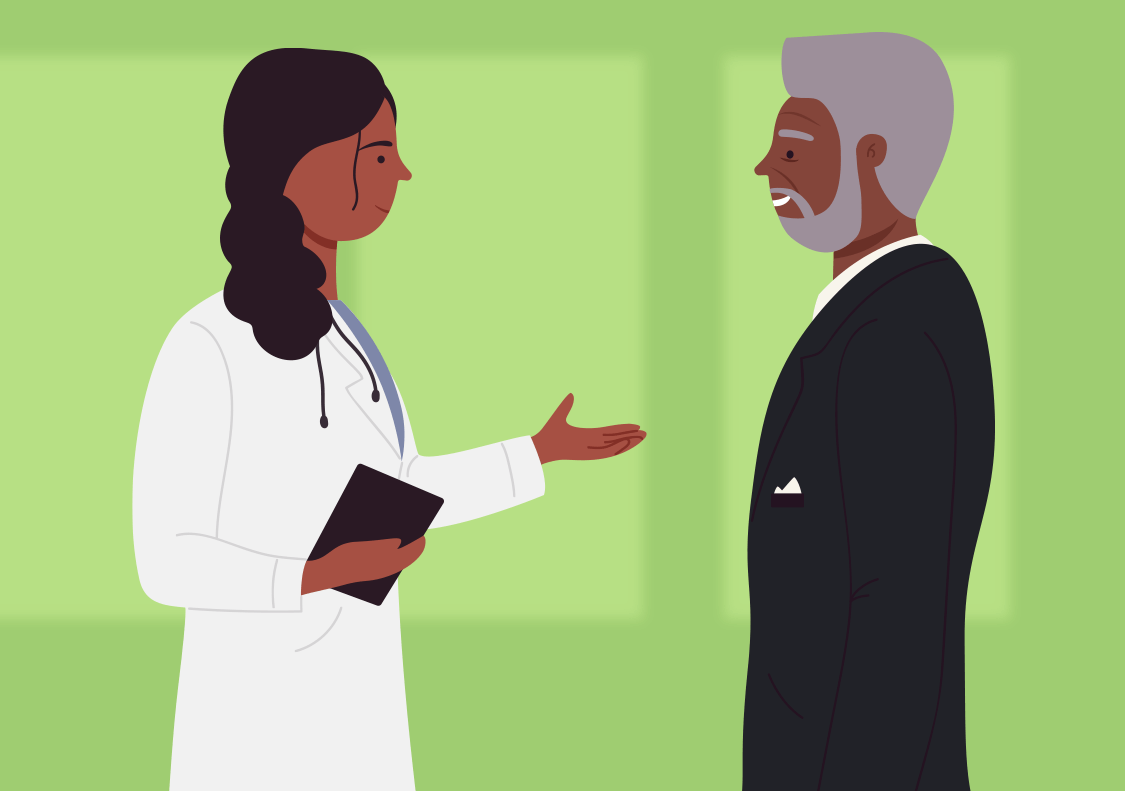Doctor in white lab coat talking with a patient