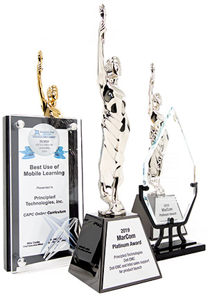 A sample of Principled Technologies awards; MarCom platinum and gold awards, American Advertising Silver Award, and Brandon Hall Silver awards.