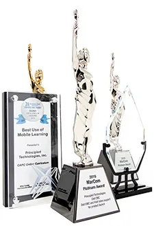 A sample of Principled Technologies awards; MarCom platinum and gold awards, American Advertising Silver Award, and Brandon Hall Silver awards.