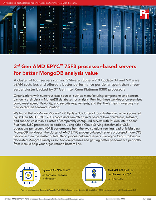  3rd Gen AMD EPYC 75F3 processor-based servers for better MongoDB analysis value