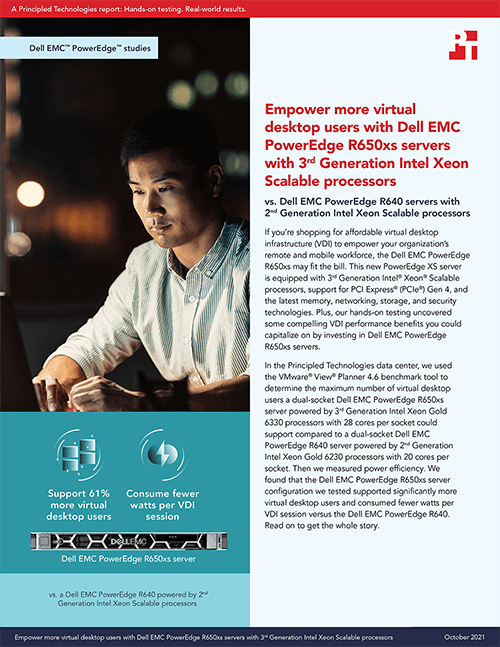  Empower more virtual desktop users with Dell EMC PowerEdge R650xs servers with 3rd Generation Intel Xeon Scalable processors