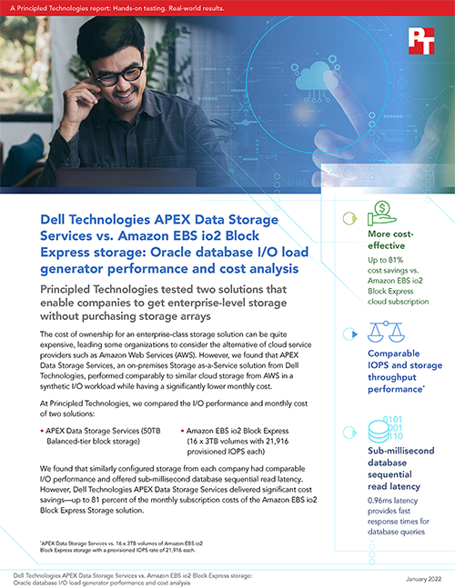 Dell Technologies APEX Data Storage Services vs. Amazon EBS io2 Block Express storage: Oracle database I/O load generator performance and cost analysis