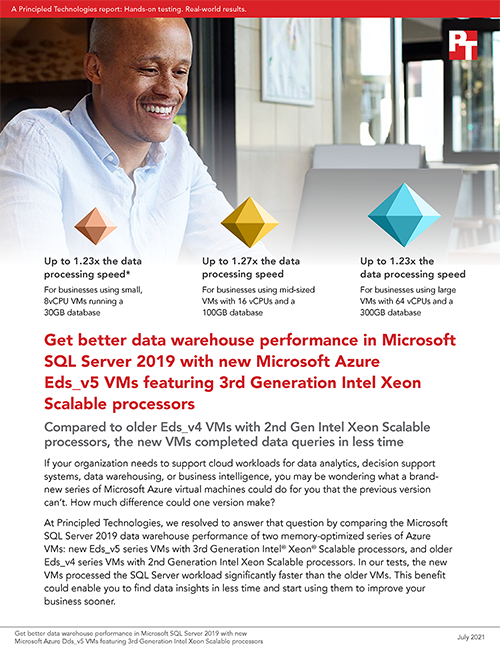  Get better data warehouse performance in Microsoft SQL Server 2019 with new Microsoft Azure Eds_v5 VMs featuring 3rd Generation Intel Xeon Scalable processors