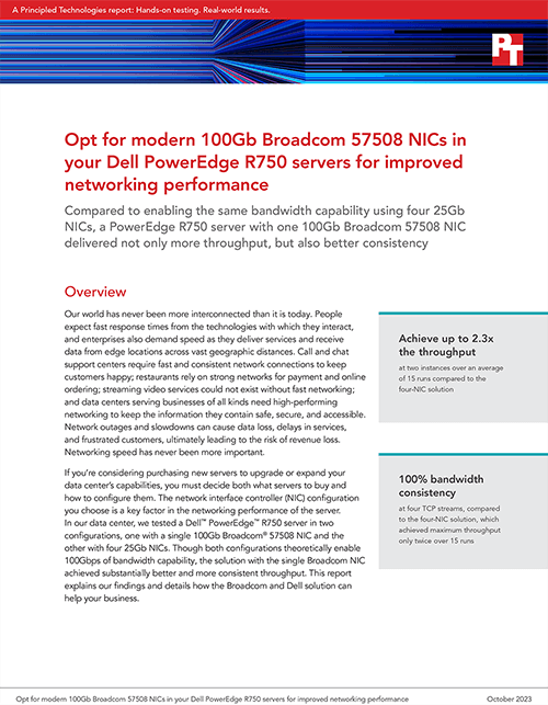 Opt for modern 100Gb Broadcom 57508 NICs in your Dell PowerEdge R750 servers for improved networking performance