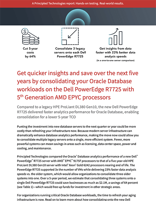 Get quicker insights and save over the next five years by consolidating your Oracle Database workloads on the Dell PowerEdge R7725 with 5th Generation AMD EPYC processors 