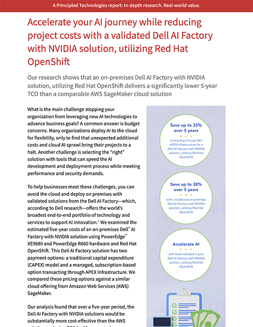 Accelerate your AI journey while reducing project costs with a validated Dell AI Factory with NVIDIA solution, utilizing Red Hat OpenShift 