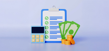 Graphic of a calculator, checklist, and money 