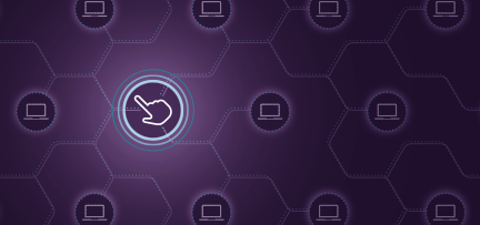 Illustration of a pointer icon clicking on a network of laptops  