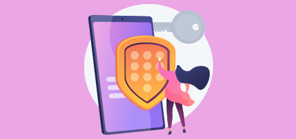 Illustration showing a person interacting with a large smartphone displaying a login screen, accompanied by a shield with a keypad and a key symbol in the background. The image represents mobile security and protection of data through authentication measures. 