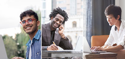 People working on laptops in different locations 