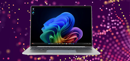An HP EliteBook 8 laptop superimposed on a decorative background