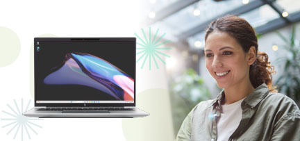 Woman looking at screen superimposed with an image of a laptop