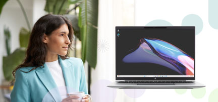 Woman looking out window superimposed with an image of a laptop