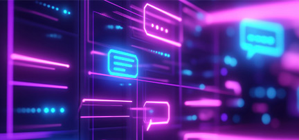 Chat bubbles in front of illuminated server racks  