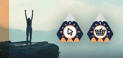 Hiker celebrating on the top of a mountain next to graphics representing performance advantages.