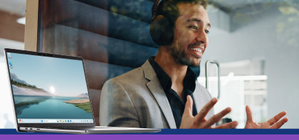 Picture of a Dell Latitude 7455 with Snapdragon X Elite 12-core processor superimposed on an image of a person working in an office 