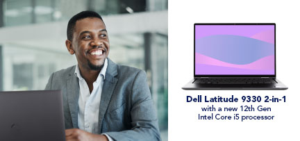 Photo of man smiling while working on a laptop and a photo of a Dell laptop featured in the report.