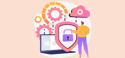 Illustration depicting cybersecurity concepts with a person standing next to a large shield featuring a padlock symbol, representing protection. Surrounding elements include a laptop, gears, and a cloud icon, symbolizing technology, security processes, and cloud computing integration. 
