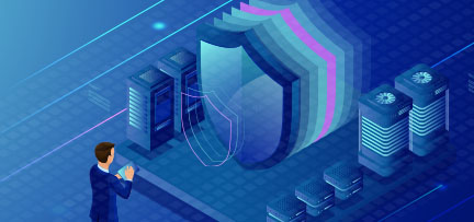 Illustration of man standing in front of data center with a device in hand.