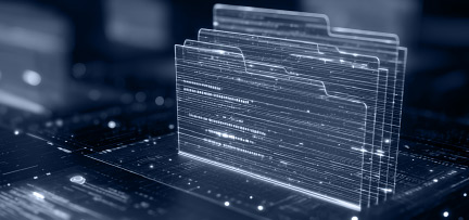 A digital rendering of multiple translucent file folders arranged in a row, symbolizing data storage or file management. The folders are depicted with glowing lines and a futuristic grid background, emphasizing technology and information organization. 